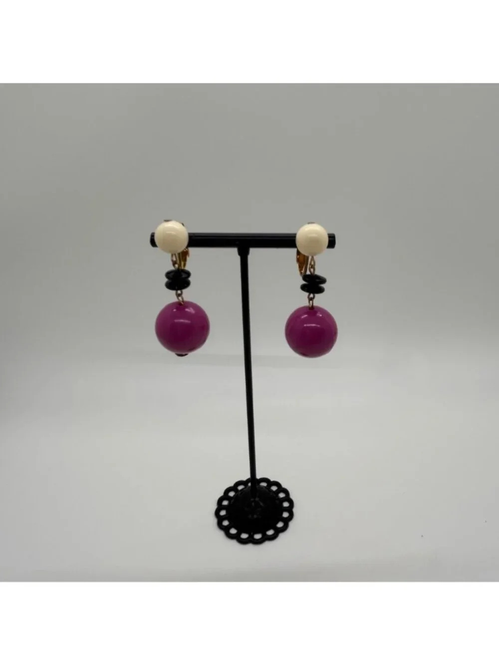 Vintage 1960s Dangle Earrings Clip-On Acrylic Pink White & Black Mod Design